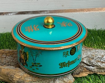 petite boîte de conserve Meßmer-Tee vintage, turquoise, décor asiatique, boîte du milieu du siècle, mélange anniversaire, avec thé original