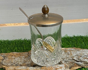 Barattolo di marmellata / barattolo di miele vintage in vetro cristallo con coperchio in metallo e pomello in legno, elegante barattolo con coperchio