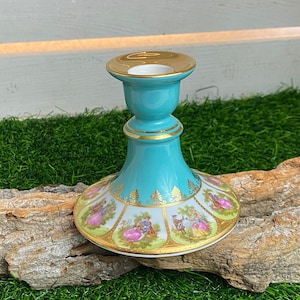 Vintage candlestick / candlestick made of porcelain, Ernst Leitner, gilded decor, romantic scenes, turquoise