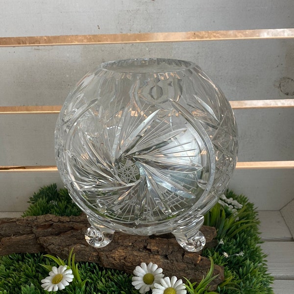 Vase en cristal vintage rond, belle taille, motif spin, années 70