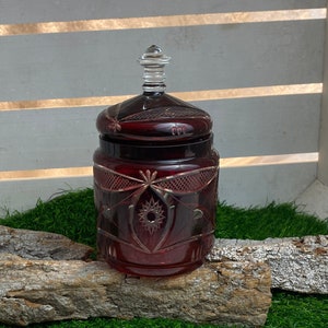 Könnte beinhalten: Eine rote Glasdose mit einem durchsichtigen Glasdeckel. Die Dose hat ein dekoratives Muster und steht auf einem Stück Treibholz.