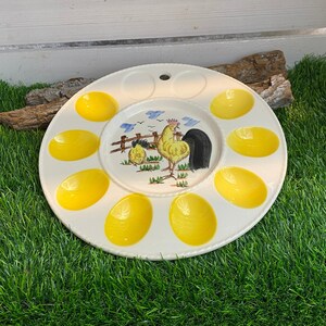 Vintage ceramic egg plate, made in France, for filled eggs, for Easter....., chicken and rooster motif, wells for 8 eggs