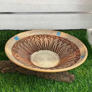 Può includere: Una ciotola in ceramica marrone con un design intagliato e accenti blu. La ciotola è appoggiata su un pezzo di legno di deriva su una superficie di erba artificiale verde.