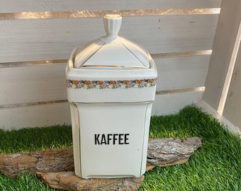 Grote vintage opbergdoos / dekselpot van porselein, koffie, bloemenkrans, ca. jaren 40, brocante, landhuis, shabby