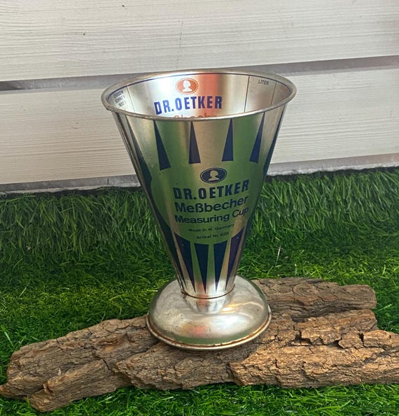 Vintage Messbecher Dr Oetker Blau Silber Streifen, Rockabilly Kücheneinrichtung, Barkeeper Utensilien Bar Deko, Weihnachtsgebäck Backzubehör