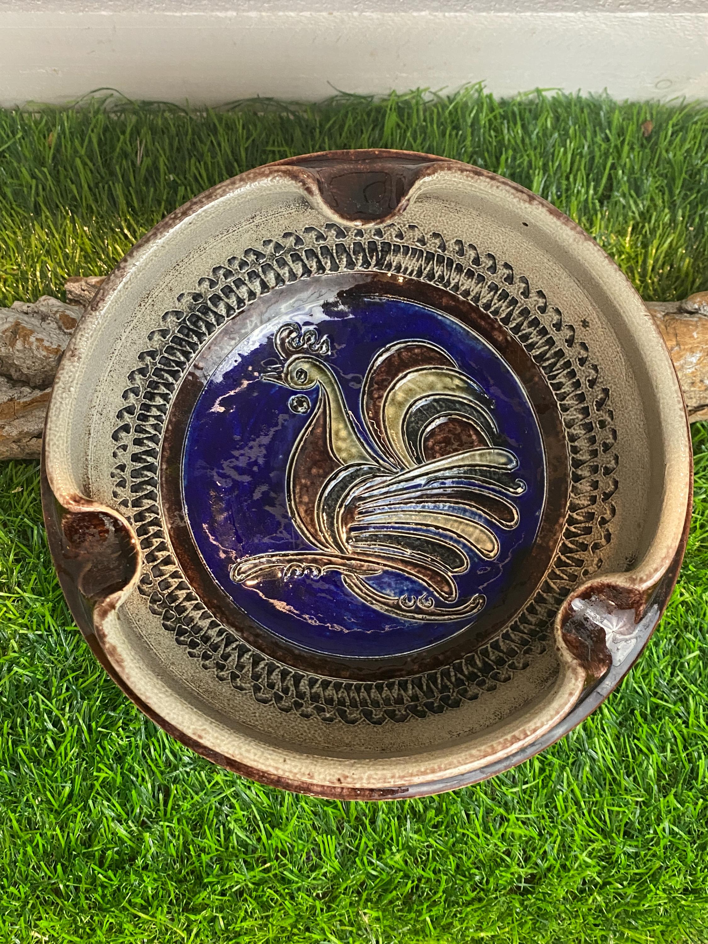 Vintage Ceramic Ashtray, Rooster Figure, Salt Glaze, Handmade