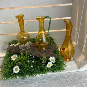 3 vintage vases, hand-blown, Lauscha glass, amber
