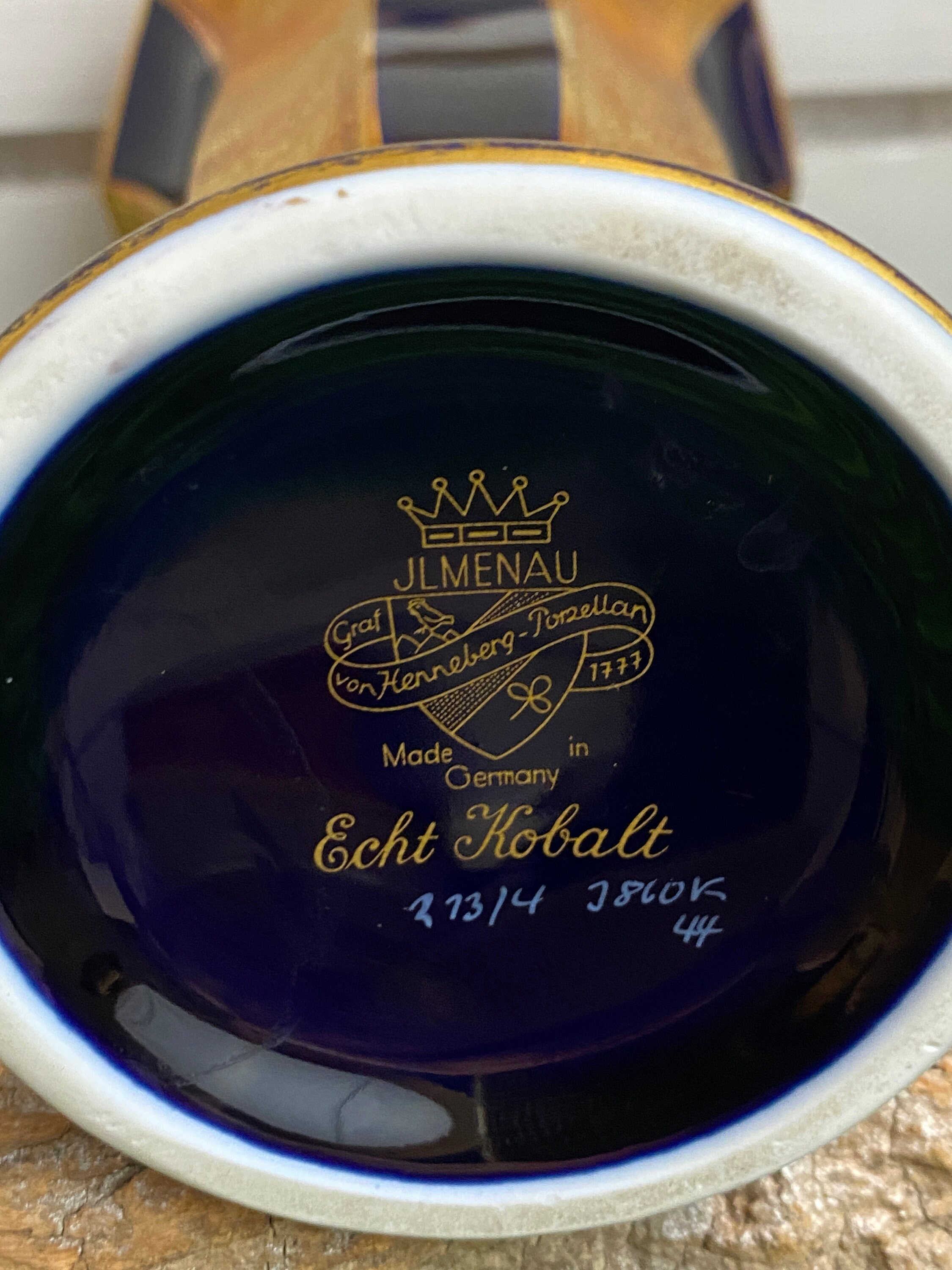 JLMenau Graf Von Henneberg, Eau-forte bleu cobalt, vase, vase Posey floral et doré - France