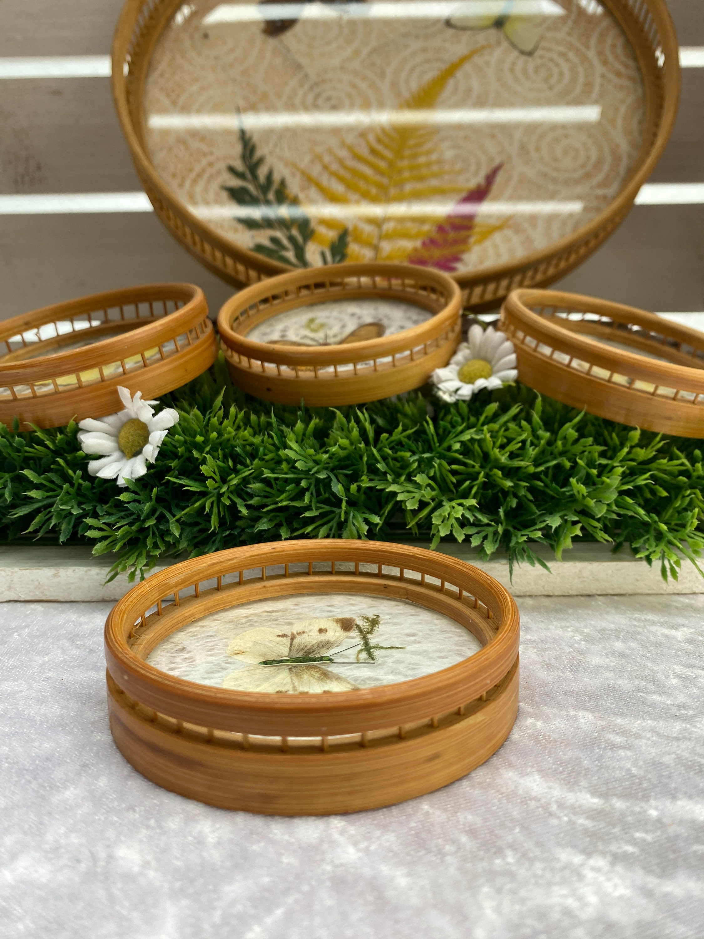 Ancien plateau avec 6 sous verre en bambou avec papillons vintage de 28,3 cm