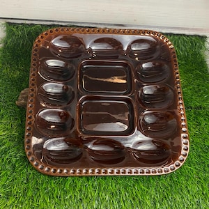Vintage brown ceramic egg plate, for stuffed eggs, for Easter....., for 12 eggs and dip, egg plate, 70s, retro