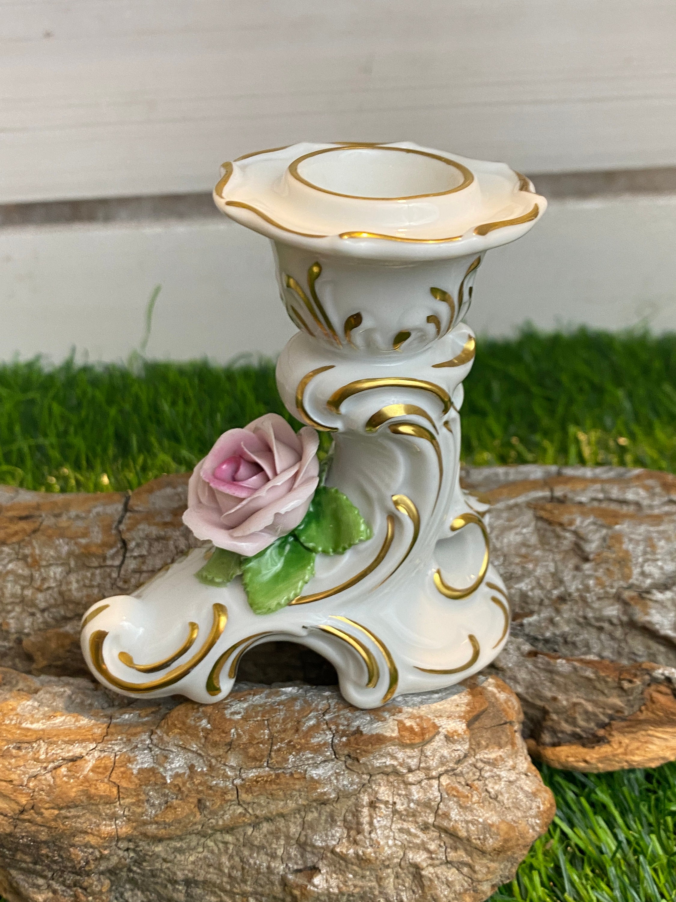Vintage Kerzenständer/Kerzenhalter aus Porzellan mit Rosen, Kaiser Porzellan