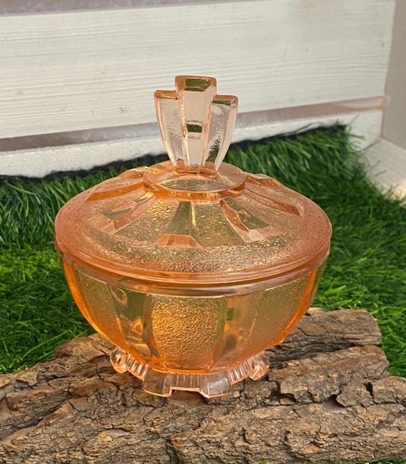 Art Déco Design Zuckerdose rosa Pressglas, Rosalinglas, vintage Deckeldose, Aufbewahrungsdose, Bonboniere