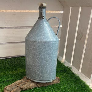 Old enamel drinking bottle / canteen, closure, white grey vintage, with porcelain cap
