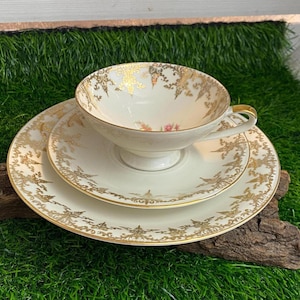 Op de afbeelding: Een witte theekop en schotelset met gouden rand en bloemmotieven. De set staat op een houten oppervlak met groen gras op de achtergrond.
