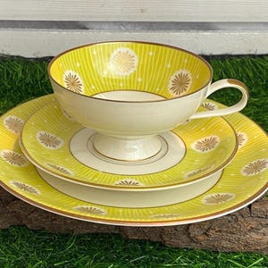 Vintage 3-delige theekopjes- en kopjesset, Thomas porselein, gestreept decor, gouden bloemenpatroon, gouden rand, shabby chic, circa jaren 70