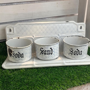 Old enamel holder, vintage, shabby, approx. 30s/40s, sand soda storage container, wall container, kitchen container