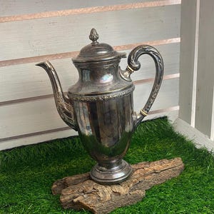 Può includere: Una caffettiera antica color argento con manico e beccuccio decorativi. La caffettiera è posta su un pezzo di legno, sullo sfondo di erba verde e una struttura in legno bianco. La caffettiera ha un coperchio con un piccolo pinnacolo.