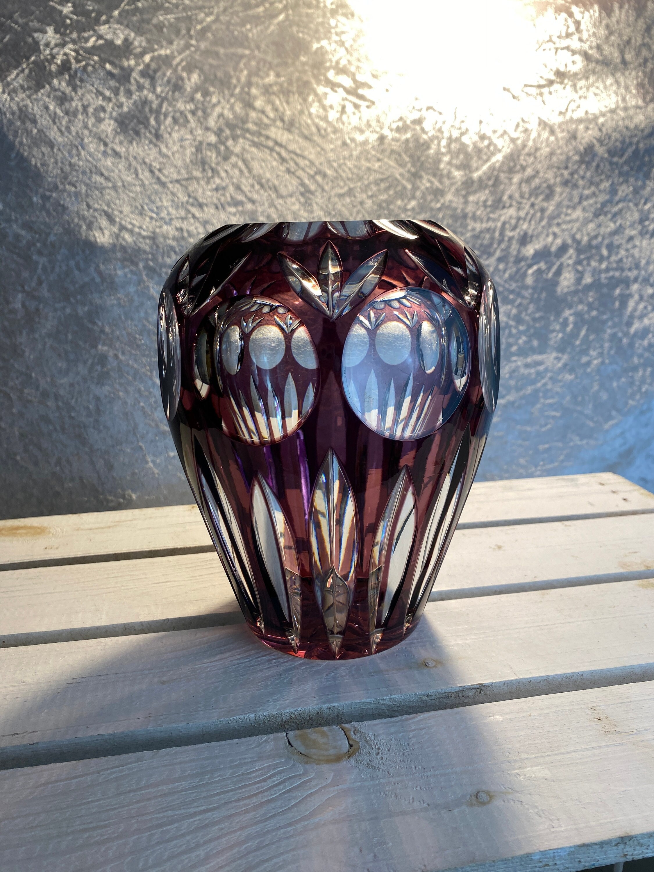 Heavy Vintage Crystal Vase by Nachtmann, Bamberg Pattern, Height Approx. 17.5 Cm, Hand-cut, Purple