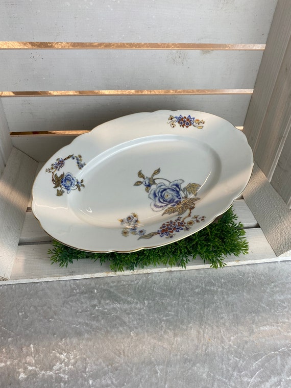 Vintage Servierplatte / Fleischplatte alt, Porzellan mit Blümchendekor, KPM Porzellan