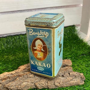Rare: Cocoa tin Bensdorp, tin can, 50s, 60s, vintage, storage tin, collector&#39;s tin light blue