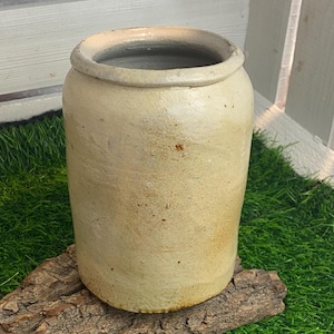 Puede incluir: Un tarro de gres vintage de color beige, con un cuerpo redondeado y un borde ligeramente ensanchado. El tarro tiene un aspecto rústico y envejecido, con sutiles variaciones de color y textura. Se apoya sobre un trozo de corteza, sobre hierba verde y madera blanca.