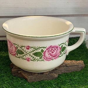 Könnte beinhalten: Cremefarbener Keramik-Nachttopf mit Griff und grünem Rand. Der Topf ist mit rosa Rosen und grünem Laub verziert. Der Nachttopf steht auf einem Stück Holz.