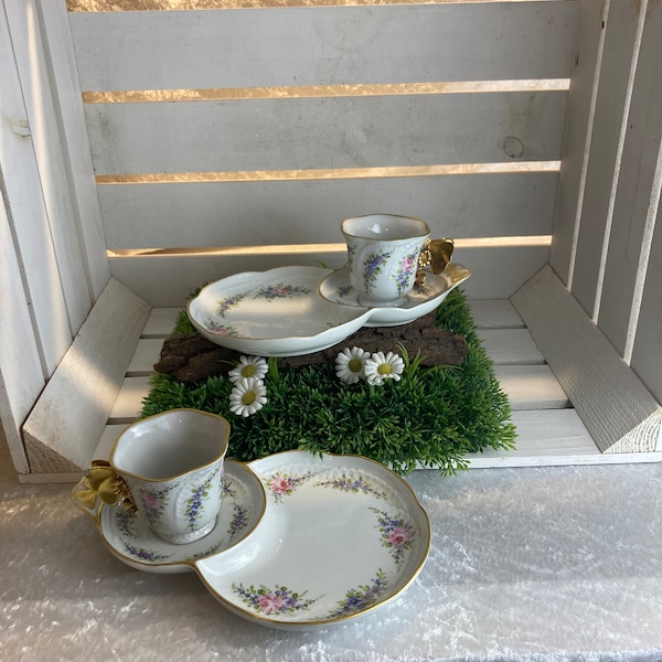 2 beaux sets de café italiens, peints à la main, papillons et décor floral, vintage