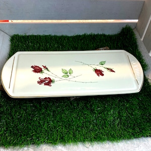 Cake plate porcelain white rectangular, fine ceramics Grünstadt, 50s, rose decor