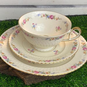 Può includere: Un servizio da tè vintage color crema composto da tazza, piattino e piatto. La tazza e i piatti presentano un motivo floreale con fiori rosa, blu e gialli. Il set ha finiture dorate ed è esposto su un pezzo di legno.