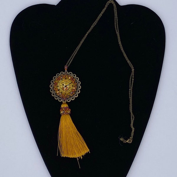 Hand Beaded Gold/Yellow Tassel Pendant with Yellow Clock & Flowers