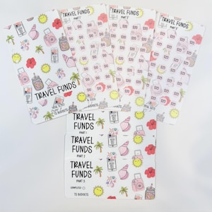 May include: White travel fund budget sheets with colorful illustrations of a camera, seashell, and tropical drinks. The sheets are labeled "Travel Funds" and have amounts like $10, $20, and $25. The total budget amounts are also listed.