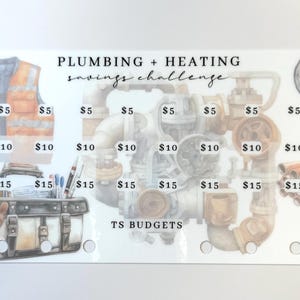May include: A savings challenge card with a plumbing and heating theme. The card features illustrations of a work vest, toolbox, pipes, and a gauge. The text "PLUMBING + HEATING savings challenge" is displayed at the top, with various amounts for savings.