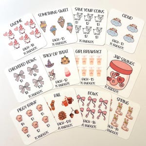 May include: A collection of illustrated budget cards with various themes, including gnomes, ice cream, clouds, bows, and seasonal motifs. Each card features a unique design and text, such as "Save Your Coins" and "Trick or Treat."