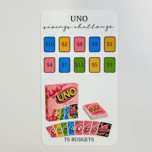 May include: A white rectangular card titled UNO savings challenge with ten colored boxes containing dollar amounts from $1 to $12. Below are images of a pink UNO card game box, a small stack of cards, and a row of individual UNO playing cards. The text TS BUDGETS is printed at the bottom.