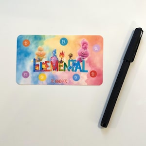 May include: A colorful card with the word "ELEMENTAL" in large letters. The card features cartoon characters from the movie Elemental, with numbers 1 through 7 circled around the characters. The text "15 Budgets" is printed at the bottom of the card.