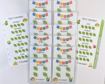 Taco Tuesdays Bundle a6/ personal size ( 2 a6/ personal size hole punched dashboards, 12 challenges with 3 pocket envelopes)