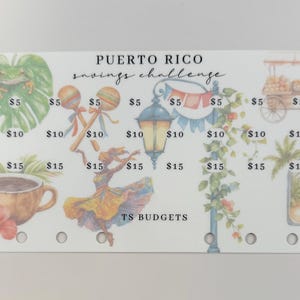 May include: A white savings challenge card with illustrations of Puerto Rican culture. The card features a frog on a leaf, maracas, a dancer, a lantern, a fruit cart, and a bottle. The text "PUERTO RICO savings challenge" is at the top.