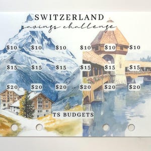 May include: A savings challenge card featuring watercolor illustrations of Swiss landscapes. The card includes images of mountains, buildings, and a bridge, with spaces labeled with amounts like $10, $15, and $20. The text "SWITZERLAND savings challenge" is at the top.