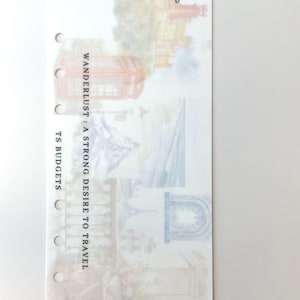 May include: A clear, rectangular planner insert with travel-themed imagery. The insert features illustrations of landmarks and the phrases "TRAVEL savings", "WANDERLUST: A STRONG DESIRE TO TRAVEL", and "TS BUDGETS". The insert has three holes for binding.