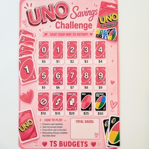 May include: A pink UNO Savings Challenge tracker sheet featuring a grid of numbered and action cards with corresponding dollar amounts. The design includes the UNO logo, heart graphics, and instructions for saving money, with a total saved box.