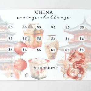 May include: A white savings challenge card with a watercolor design featuring Chinese pagodas, lanterns, and a dragon. The card is labeled "CHINA savings challenge" and includes spaces marked with "$5".