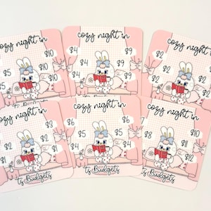 May include: Pink cards with a cartoon bunny reading a book on a couch, with the text "cozy night in." The cards have various dollar amounts around the bunny illustration. The text "Ts Budgets" is at the bottom.