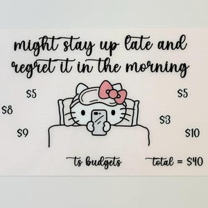 May include: A white rectangular sticker with black text that reads "might stay up late and regret it in the morning." A cartoon cat with a pink bow and eye mask is in bed, holding a phone. The sticker has budget amounts listed around the cat.