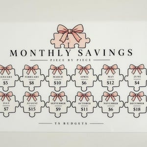 May include: A white rectangular monthly savings tracker featuring a puzzle piece design with pink bows. The text reads MONTHLY SAVINGS PIECE BY PIECE, followed by twelve puzzle pieces labeled with months from January to December and dollar amounts.