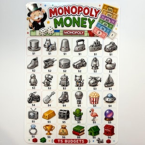 May include: A sticker sheet titled Monopoly Money featuring the Monopoly mascot, dice, and various game tokens arranged in a grid with dollar signs and values from $1 to $6. The sheet includes illustrations of hats, animals, vehicles, and objects.