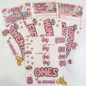 May include: A collection of printed paper savings challenge tracker inserts featuring pink bows, hearts, and money graphics. Text includes My Completed Binder, Savings Challenge Tracker, and denominations like Ones, $2, $5, $10, Twenty, Fifty, and Hundred.