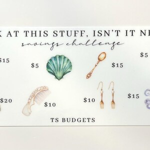 May include: A white rectangular sticker with the text "LOOK AT THIS STUFF, ISN'T IT NEAT? savings challenge." Features illustrations of a jewelry box, seashell, spoon, earrings, scrunchie, comb, purse, and octopus.