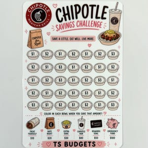 May include: A white rectangular savings challenge tracker featuring the Chipotle Mexican Grill logo, a burrito bowl, and a drink. It includes rows of small bowl icons labeled with dollar amounts from $1 to $3, and a bottom section with icons for various goals.