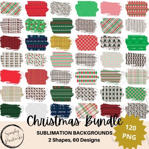 Peut inclure: Un ensemble de 60 fonds de sublimation sur le thème de Noël en deux formes. Les motifs comprennent des rayures, des flocons de neige, des rennes et des carreaux, avec une palette de couleurs rouge, vert et blanc. Le texte "Christmas Bundle" est affiché.