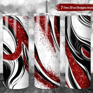 Könnte beinhalten: Drei 20 Unzen Tumbler Designs mit einem schwarzen und weißen Wirbelmuster mit roten Glitzerakzenten. 7 kostenlose 20 Unzen Designs enthalten.
